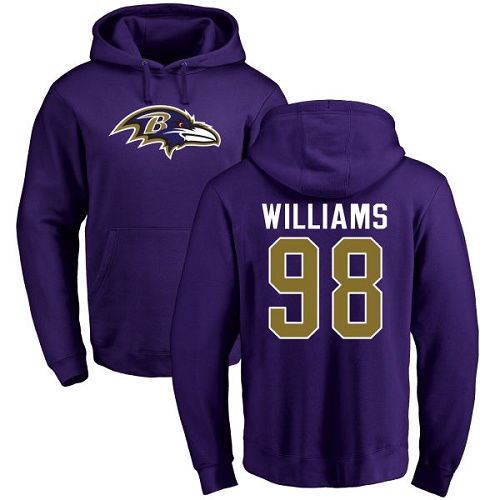 Men Baltimore Ravens Purple Brandon Williams Name and Number Logo NFL Football #98 Pullover Hoodie Sweatshirt->nfl t-shirts->Sports Accessory